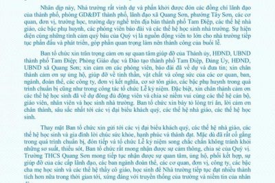 Thư cảm ơn nhân dịp kỷ niệm 30 năm chia tách, thành lập trường THCS Quang Sơn